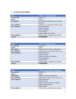 
USAGE SCENARIOS:
Title:
Admin – Users Registration
Use case ID:
OGPM _01
Actor:
Admin
Description:
All Users(users/Patients