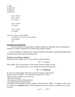 mi=M/ni 
m1=60/3=20 
m2=60/4=15 
m3=60/5=12 
 
miyi=1 mod ni 
20y1=1 mod 3 
Y1=2 mod 3 
 
15y2= 1 mod 4 
y2=3 mod 4 
 
12y3=1
