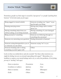 8 Know Your “Triggers”
Sometimes, people say their anger is caused by “pet peeves” or  people “pushing their 
buttons.” (Cir