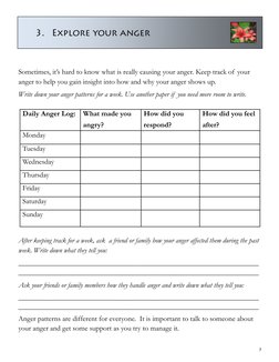 7 3.Explore your anger 
Sometimes, it’s hard to know what is really causing your anger. Keep track of your 
anger to help yo