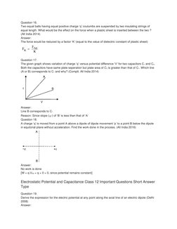 Question 16. 
Two equal balls having equal positive charge ‘q’ coulumbs are suspended by two insulating strings of 
equal len