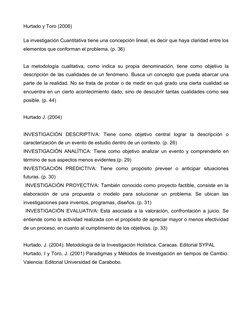 Hurtado y Toro (2006)
La investigación Cuantitativa tiene una concepción lineal, es decir que haya claridad entre los 
elemen