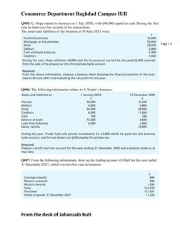 Page | 4
Commerce Department Baghdad Campus IUB
Q#05: G. Hope started in business on 1 July 20X0, with £40,000 capital in cas