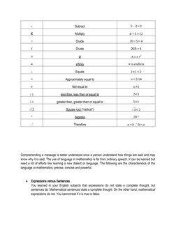 -
Subract
5−2=3
X
Multiply
4 ×3=12
÷
Divide
20÷5=4
/
Divide
20/5 = 4
π
pi
A=π r
2
∞
infinity
∞isendless
¿
Equals
1+1=2
≈
Appr