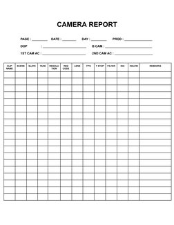 CAMERA REPORT
PAGE : _________
DATE : ________
DAY : _________
PROD : ________________
DOP
: _________________________
B CAM