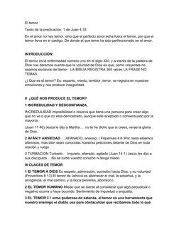 El temor
Texto de la predicación: 1 de Juan 4:18
En el amor no hay temor, sino que el perfecto amor echa fuera el temor, por
