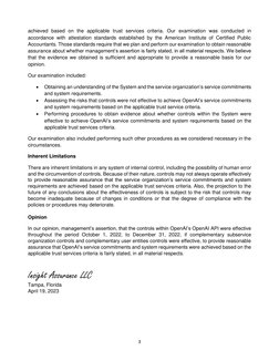 3 
achieved based on the applicable trust services criteria. Our examination was conducted in 
accordance w