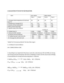 i) CALCULATION OF THE HEAT OF NEUTRALIZATION 
 
*DENSITY OF THE CALCULATION OF THE SOLUTION 1.0g/ml 
1)   (0.050L)(1.0 mol/