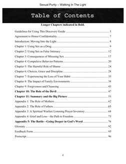 Sexual Purity – Walking In The Light 
 
4 
Longer Chapters indicated in Bold. 
 
Guidelines for Using This Discovery Guide ..
