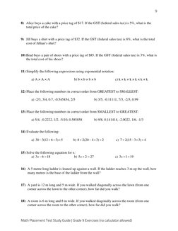 9 
Math Placement Test Study Guide | Grade 9 Exercises (no calculator allowed) 
8) Alice buys a cake with a price tag of $17.
