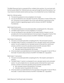 2 
Math Placement Test Study Guide | Introduction  
The Math Placement test is composed of four multiple choice sections. You