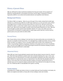 History of present illness
ABC was suffering from above mentioned complaints from the past 4 weeks. He has symptoms of 
defic