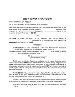 DEED OF DONATION OF REAL PROPERTY
KNOW ALL MEN BY THESE PRESENTS:
That this DEED OF DONATION, made and entered into by and be