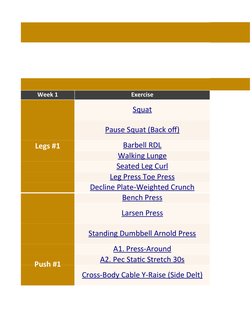 Week 1
Exercise
Legs #1
Push #1
Squat (https://youtu.be/bEv6CCg2BC8?t=147)
Pause Squat (Back off) (https://youtu.be/1Rd1QgA46