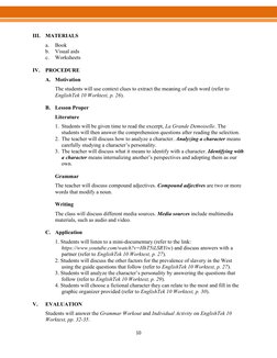 10 
 
III. MATERIALS 
a. 
Book 
b. Visual aids 
c. 
Worksheets 
 
IV. PROCEDURE 
A. Motivation 
The students will use conte