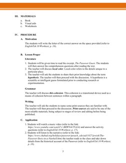 7 
 
III. MATERIALS 
a. 
Book 
b. Visual aids 
c. 
Worksheets 
 
 
IV. PROCEDURE 
A. Motivation 
The students will write th