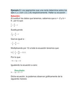 Ejemplo 2. Los segmentos que una recta determina sobre los
ejes x y y son (-2) y (6) respectivamente. Hallar su ecuación
Solu