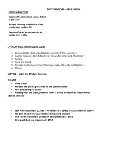 THE THIRD LEVEL – JACK FINNEY 
LESSON OBJECTIVES 
Examine the elements of science fiction 
in the story 
Analyze the story as