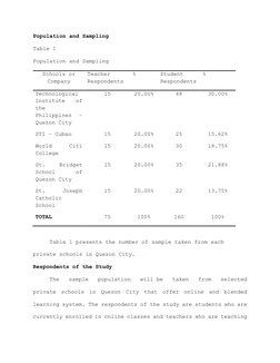Population and Sampling 
Table 1 
Population and Sampling 
Schools or 
Company 
Teacher 
Respondents 
% 
Student 
Respondents