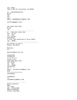 ZIP: 80538
1501 E 16th St #1Loveland, CO 80538
cc : 4351420039141467
08.26
630
exp :
cvc :
EMAIL: ANAORDONEV277@GMAIL.COM
---