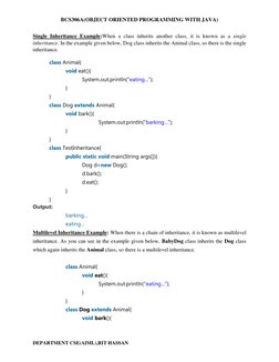 BCS306A(OBJECT ORIENTED PROGRAMMING WITH JAVA) 
DEPARTMENT CSE(AIML),RIT HASSAN 
Single Inheritance Example:When a class inhe