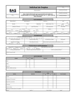 Solicitud de Empleo
Fecha
Puesto que solicita
Sueldo Mensual Deseado
Sueldo Mensual Aprobado
Fecha de Contratación
DATOS P