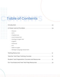 CONTENTS
Table of Contents
Introduction
A Closer Look at Providers 
      
Testing Resources
Teacher Test Prep Training Cours
