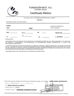 F.C                              
FUNDACIÓN BEST, A.C.
DIVISIÓN SALUD
Certificado Médico
El que suscribe, médico cirujano leg