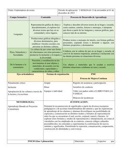 Título: Exploradores de textos
Periodo de aplicación:  3 SEMANAS 13 de noviembre al 01 de
diciembre de 2023
Campo formativo
C