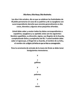  
Olúo Iboru, Olúo Iboya, Olúo Ibosheshe.
 
Los días 4 de octubre, día en que se celebran las festividades de
Ifá,debe person