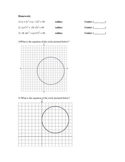Homework: 
 
1) (x + 2) 2 + (y - 12)2 = 36 
 
radius: 
 
 
Center: (___, _____) 
 
2)  (y+7) 2 +  (X +5)2 = 49 
 
radius: