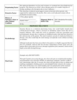 Perpetuating Factor 
Her apparent dependence on Lisa and resistance to treatment have been hindering her 
progress. The clien