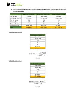 2.
Calcula las anualidades de cada una de las instituciones financieras (valor cuota). Señala cuál es 
la más conveniente.
 