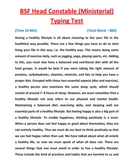 BSF Head Constable (Ministerial) 
Typing Test 
(Time 10 Min)  
 
 
 
 
 
     (Total Word – 800) 
Having a healthy lifestyle