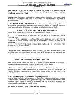 Entrenamiento para padres espirituales 
 
10 
Lección 6. LA MISION DE LA CÉLULA Y DEL PADRE 
  
ESPIRITUAL 
 
 
Base bíblic