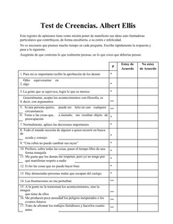 Test de Creencias. Albert Ellis
Este registro de opiniones tiene como misión poner de manifiesto sus ideas auto limitadoras