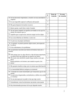 P
Estoy de
No estoy
Acuerdo
de Acuerdo
18. En las decisiones importantes, consulto con una autoridad al
*
respecto
19. Es cas