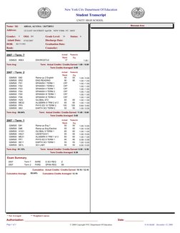 New York City Department Of Education
Student Transcript
UNITY HIGH SCHOOL
Admit Date:
Rank: 
Message Area
Name / Id:
ARIAS,