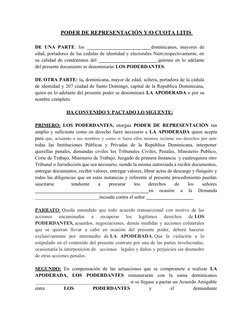 PODER DE REPRESENTACIÓN Y/O CUOTA LITIS 
DE UNA PARTE: los __________________________dominicanos, mayores de
edad, portadores