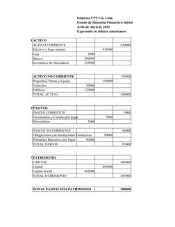Empresa UPS Cía. Ltda.
Estado de Situación Financiera Inicial
Al 01 de Abril de 2023
Expresado en dolares americanos
1 ACTIVO