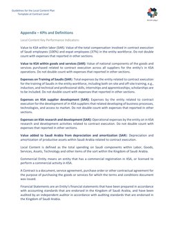 9 
Guidelines for the Local Content Plan 
Template at Contract Level 
Appendix – KPIs and Definitions 
Local Content Key