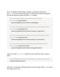 Now we add the possible letters, numbers, and special characters to
the password list. For each of the types, we check if i