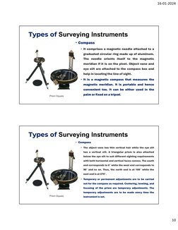 16-01-2024
10
Types of Surveying Instruments
• Compass
• It comprises a magnetic needle attached to a
graduated circular ring