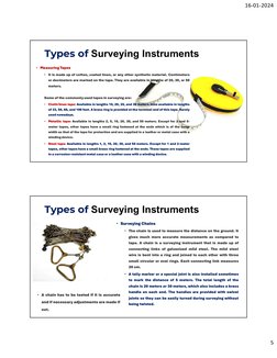 16-01-2024
5
Types of Surveying Instruments
• Measuring Tapes
• It is made up of cotton, coated linen, or any other synthetic