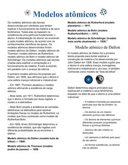 Modelos atômicos 
Os modelos atômicos são teorias 
desenvolvidas por cientistas que tentam 
explicar o funcionamento da matér