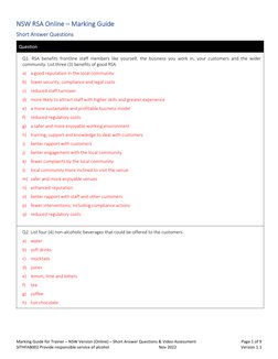 Marking Guide for Trainer – NSW Version (Online) – Short Answer Questions & Video Assessment  
Page 1 of 9 
SITHFAB002 Provid