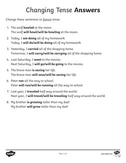 Changing Tense Answers
Change these sentences to future tense.
1.	 The wolf howled at the moon.
The wolf will howl/will be ho