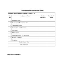 Assignment Completion Sheet
Section-I: Object Oriented Concepts Through CPP
Sr.
No.
Assignment Name
Marks 
(out of 5)
Teacher