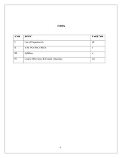 ii
INDEX
S.NO
TOPIC
PAGE NO
I
List of Experiments
iiI
II
V/M /POs/PSOs/PEOs
v
III
Syllabus
x
IV
Course Objectives & Course Ou