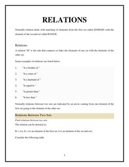 2 
 
RELATIONS 
Normally relation deals with matching of elements from the first set called DOMAIN with the 
element of the s